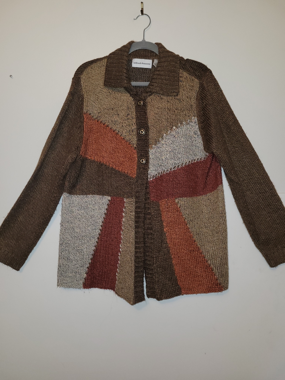 Alfred Dunner Brown Rust Cream Patchwork Button-Front Cardigan